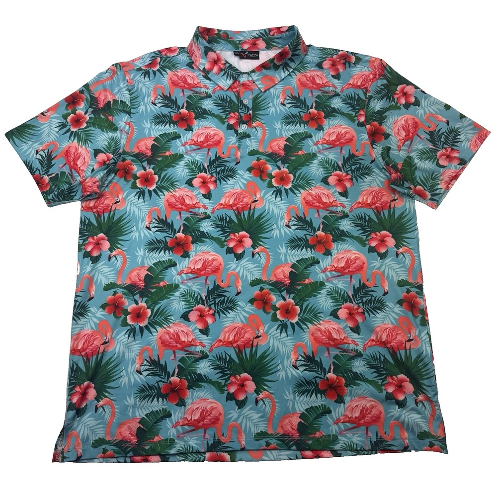 Yatta Golf Shirt Mens 2XL Pau Hana Hawaiian Hibiscus Flamingo Performance Polo